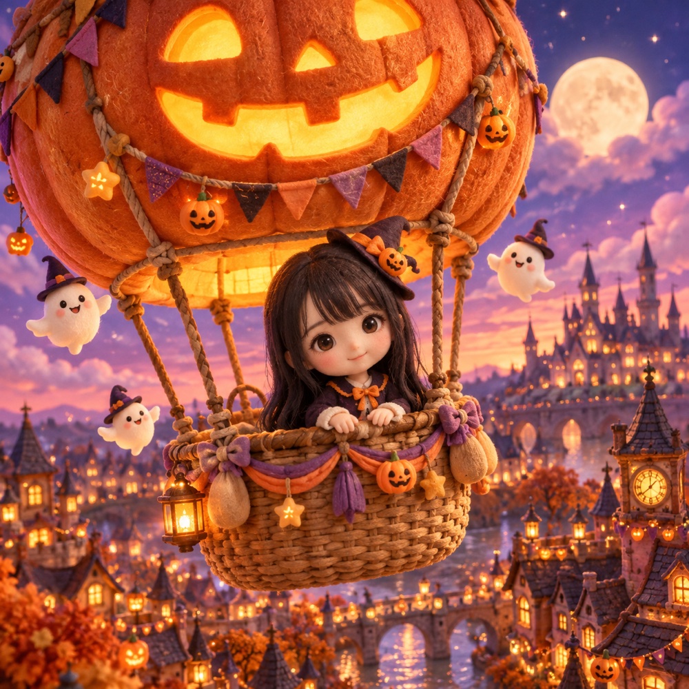 かぼちゃの気球に乗り、ハロウィンの街を旅する女の子の作品