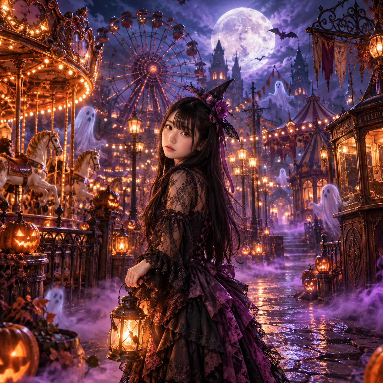 月夜のゴースト遊園地でランタンを持つ魔女姿の女性の作品
