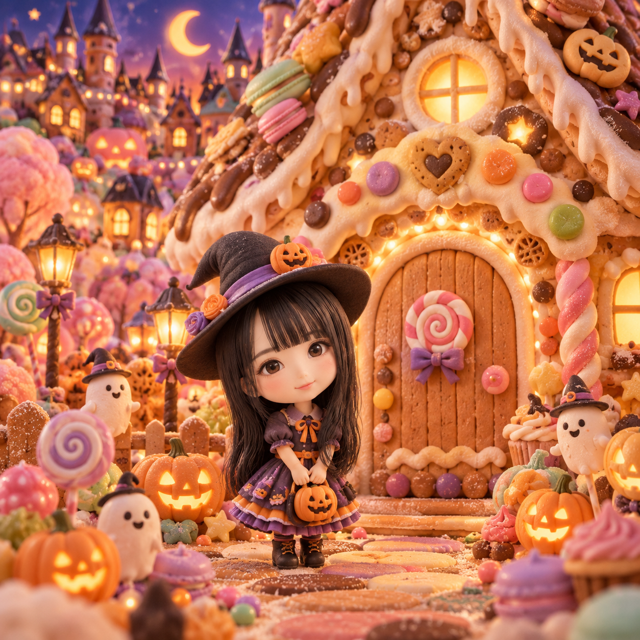 ハロウィンのお菓子の家の前に立つ女の子の作品